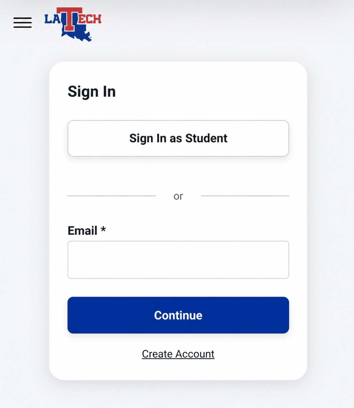 Student ticket portal screen with the Sign In as Student option
