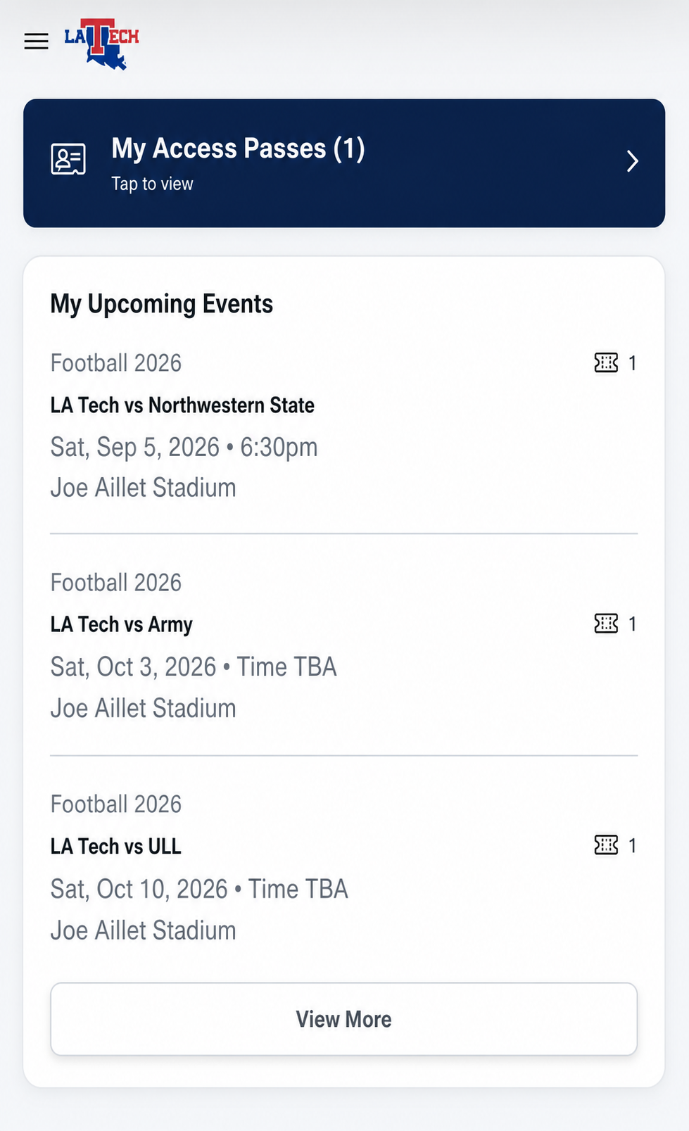 Student ticket account screen showing the My Access Passes option