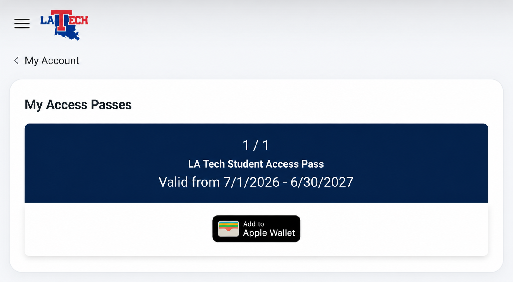 LA Tech Student Access Pass screen with the Add to Apple Wallet button