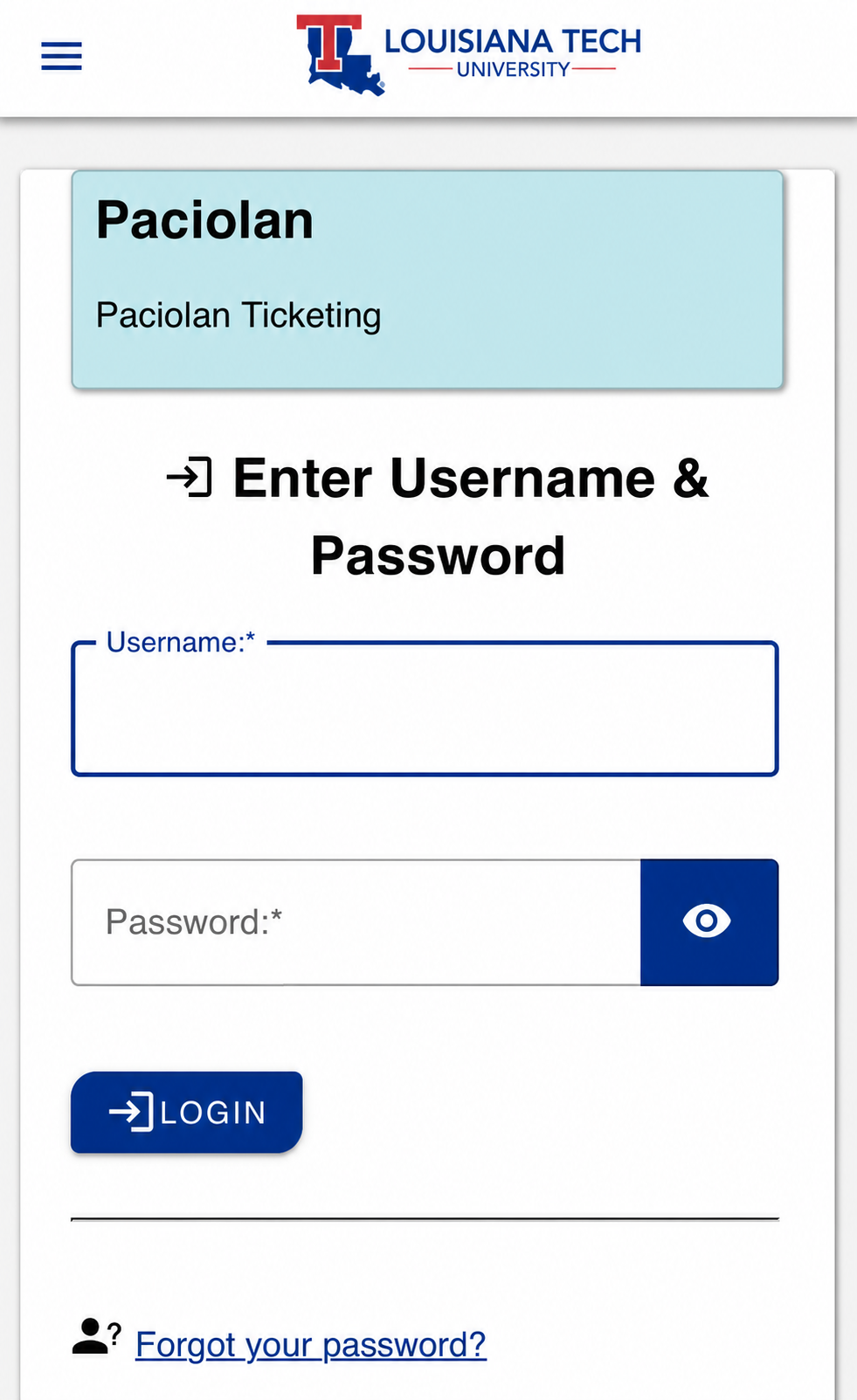 Louisiana Tech university sign-on screen used for student ticket access
