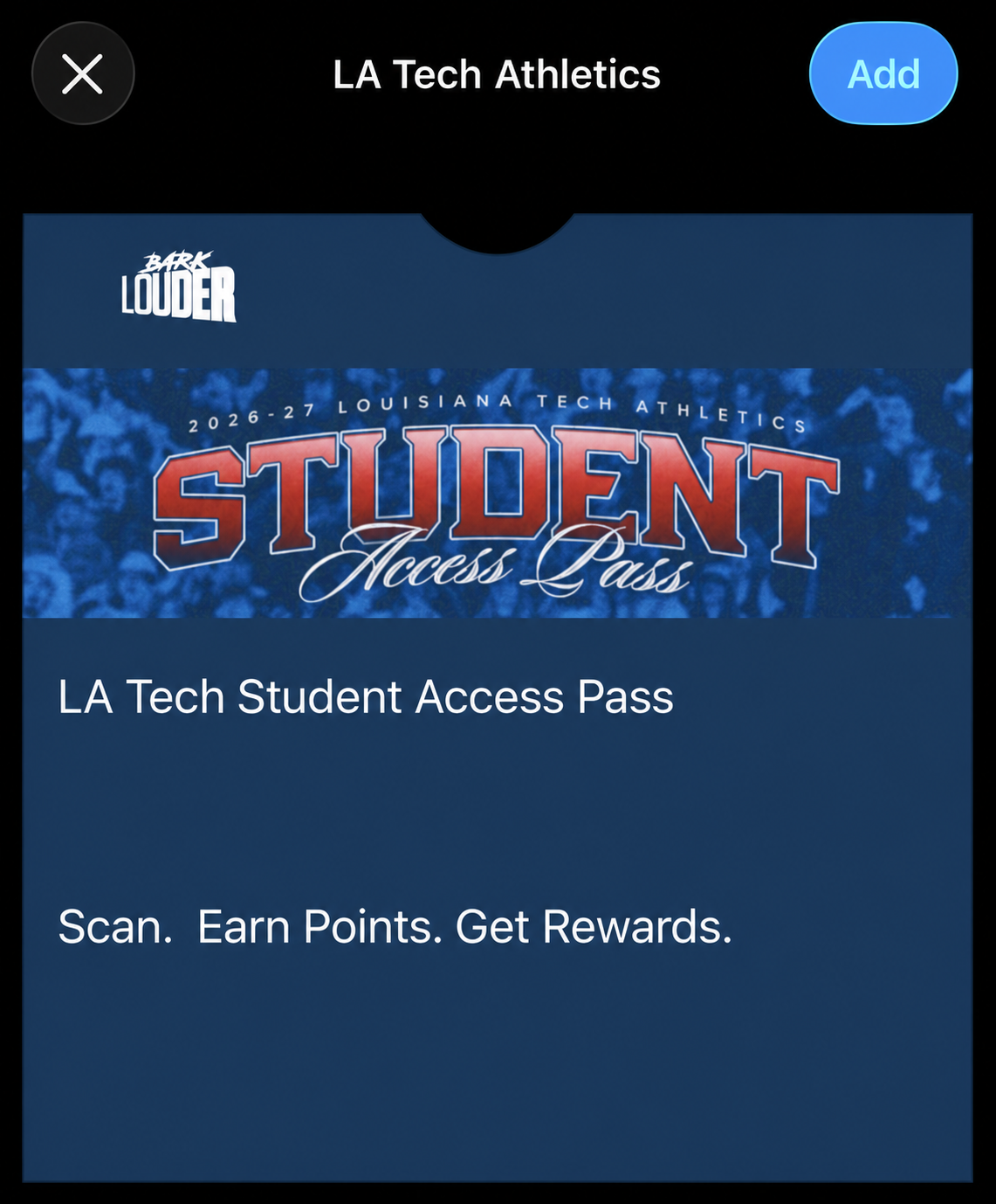 Mobile wallet confirmation screen showing the LA Tech Student Access Pass ready to add